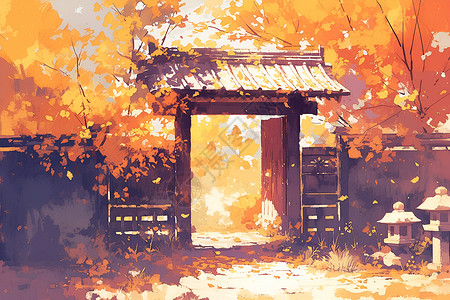 庭院门秋天的庭院插画