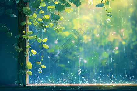 下雨的玻璃窗台小雨插画