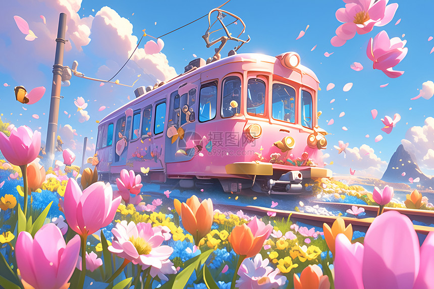 粉色火车穿越郁金香图片