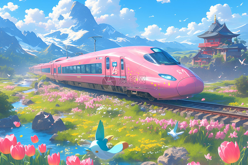 粉色火车旅行在绿草山川中图片