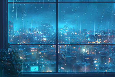 雨中的窗户夜雨中的城市花园插画