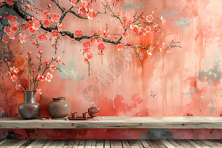 墙面涂刷室内的桃花壁画插画
