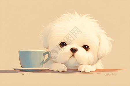 白色咖啡杯狗狗品味咖啡的时刻插画