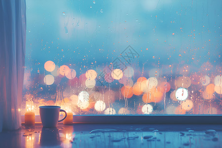 好的静物素材雨中都市之窗上的咖啡插画