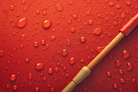 红色手柄大喇叭红伞柄上的雨滴背景