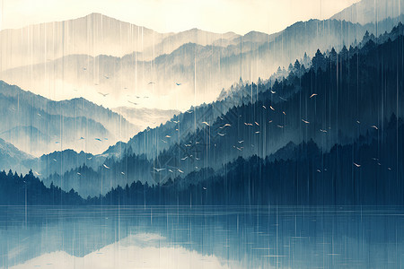 清风细雨湖畔山景背景图片