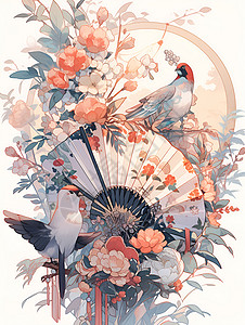 折扇和喜鹊花朵和喜鹊高清图片