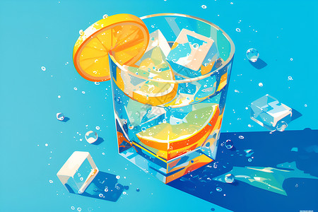 冰爽柠檬茶夏日加了冰块的饮料插画