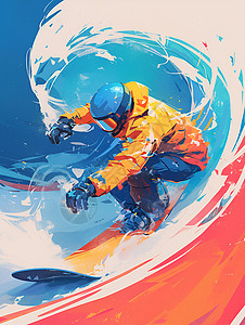 超帅气滑雪雪地飞驰的单板滑雪者插画