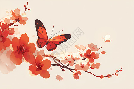 飘落红色花瓣红色花枝上的蝴蝶插画