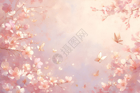 花朵上蝴蝶浪漫粉色花朵背景插画