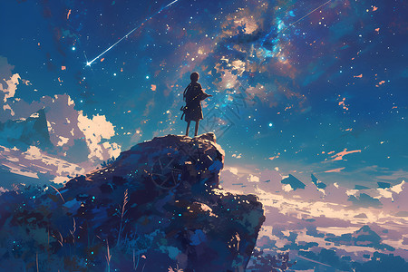 星空下一个男子站在山顶高清图片