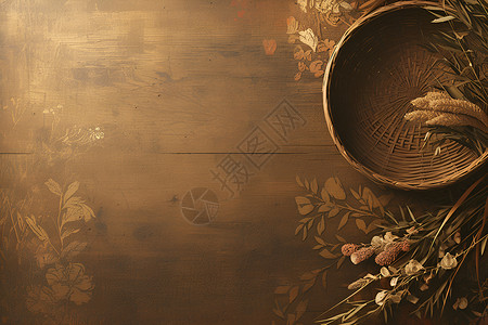 静物照片乡村韵味竹篮和花束衬托的木质桌面上的贝雅特丽丝·波特的静物艺术照片插画