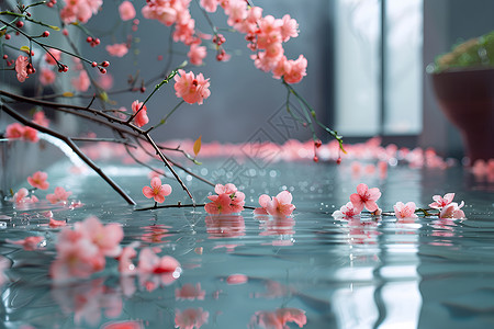 粉色漂浮花瓣水面的桃花背景