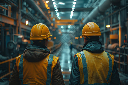 电缆工厂工厂内两名戴黄色安全帽的工人背景