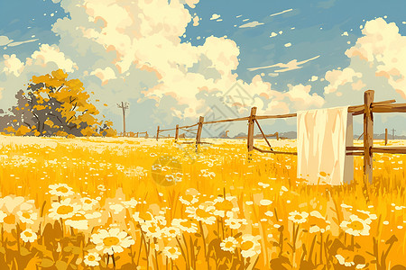 草地栅栏篱笆金色田野里的篱笆插画