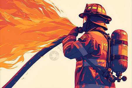 卡通消防员与火焰斗争的消防员插画