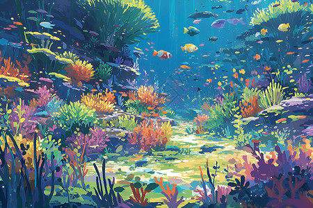 五彩斑斓鱼群五彩斑斓的海底鱼群插画
