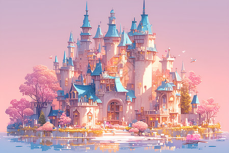 梦幻王国粉色花园的童话城堡插画