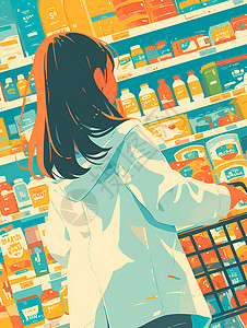 女孩在超市购物推着手推车背景图片