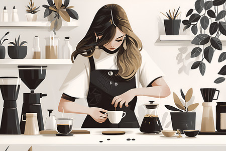 咖啡制作制作咖啡的少女插画