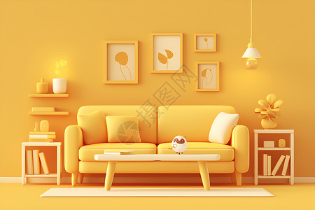 茶几效果图简洁黄色主题客厅插画