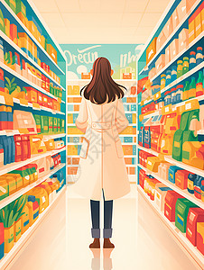白色外套的女孩在杂货店里浏览商品插画