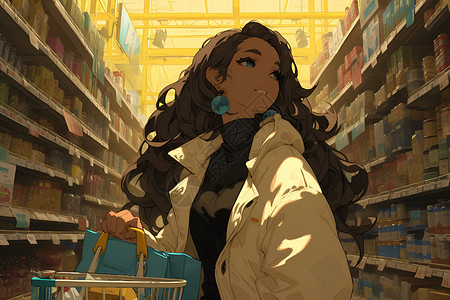 时尚女孩在超市享受购物背景图片