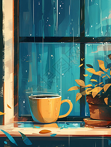 咖啡屋里细雨打击着窗户背景图片