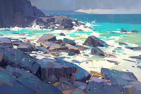 海边下雨海边的石头插画插画