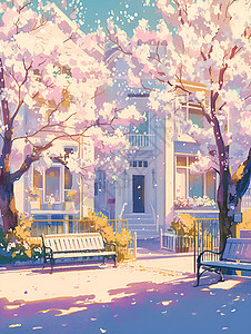 公园长凳桃花盛开的公园插画