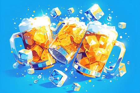 夏季冰镇啤酒杯中的冰镇啤酒插画