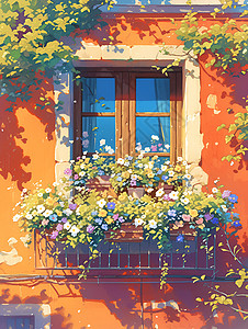 窗台的花海鲜花油画素材高清图片