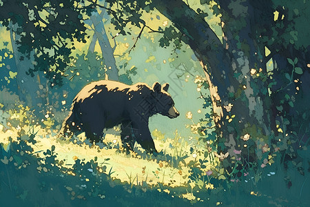 岸边散步森林中微笑的熊插画