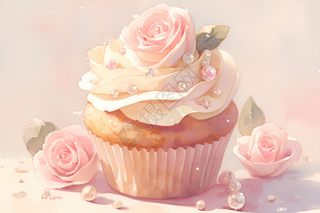 粉色珍珠粉色玫瑰与珍珠点缀的蛋糕插画
