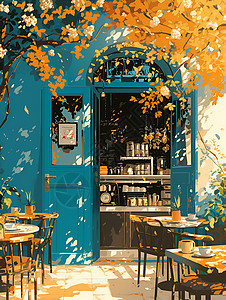 咖啡馆门口的桌椅背景图片