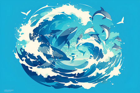 海洋动物海豚海洋里嬉戏的海豚插画