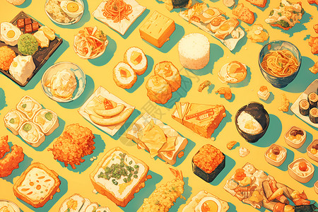 桌子面包艺术中的食物盛宴插画