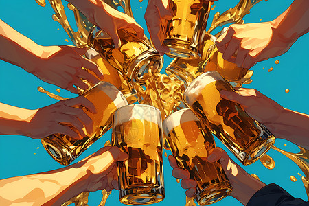 手拿啤酒杯金色啤酒杯相互碰撞插画