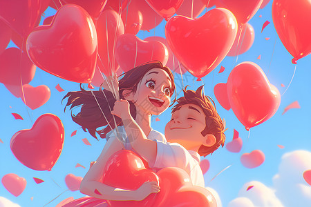 爱心桃气球情侣手牵着红色心形气球插画