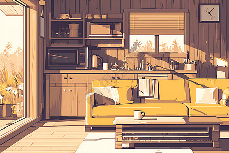 木质客厅客厅有沙发桌子插画