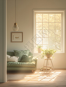 马卡龙吊灯阳光透过窗户洒金客厅插画