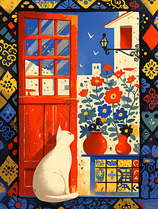 红色地毯小猫坐在红色门前插画