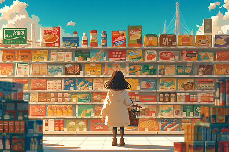 杂货店超市里的女孩插画