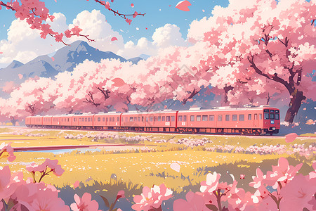 做火车樱花盛开中的粉色小火车插画