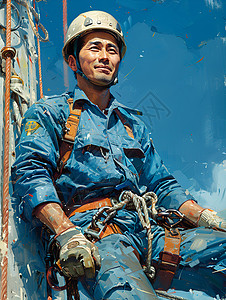 蓝天下微笑的中国工人背景图片