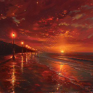 黄金余晖下的海滩夜幕背景图片
