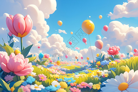 草地与植物春日绚烂花海与气球插画
