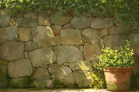 青苔和碎石墙砖墙前的花盆插画