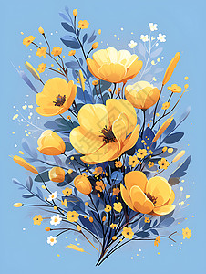 蓝色木盒与黄花清新蓝色背景中的花朵插画